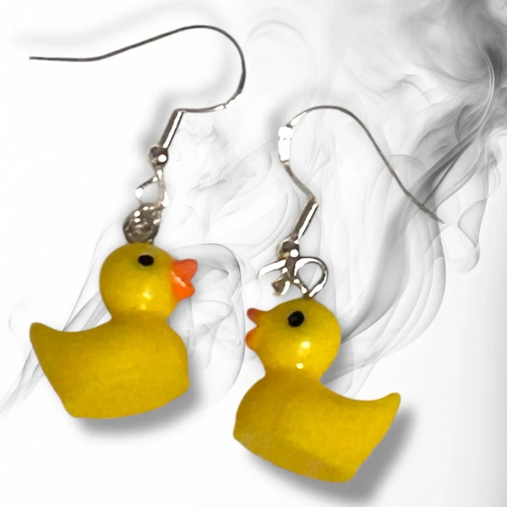 Hand Crafted Earrings Ducks Yellow Orange Resin Dangle Long Pierced - Picture 3 of 8